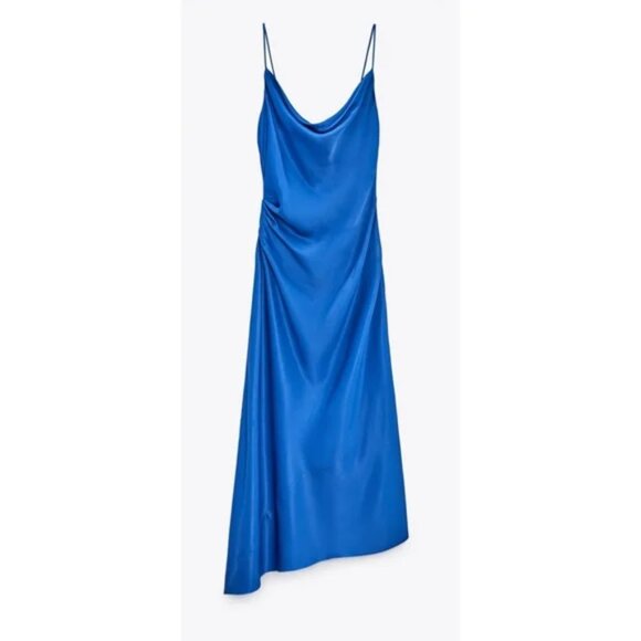 Zara Satin Effect Cowl Neck Midi Dress  Blue NWT Size Large - Picture 13 of 15